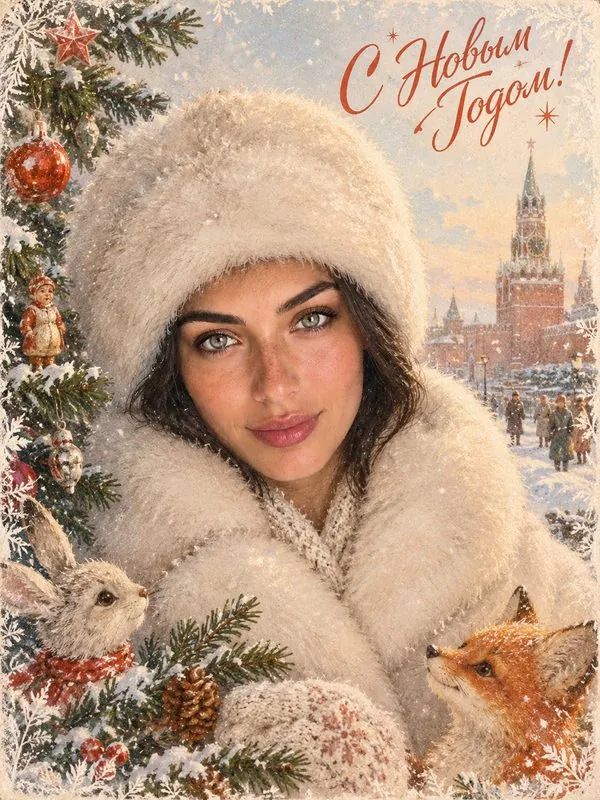Новогодняя открытка с её фото в меховой шапке