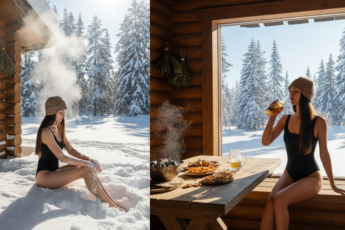 Промпт для фото в стиле 🧖‍♀️ Банные радости: контраст снега и пара