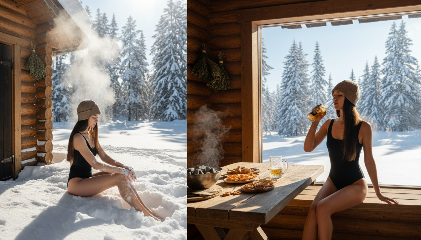 Промпт для фото в стиле 🧖‍♀️ Банные радости: контраст снега и пара
