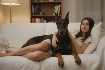 Промпт для фото в стиле 🐕 Уютный вечер в обнимку с любимым доберманом