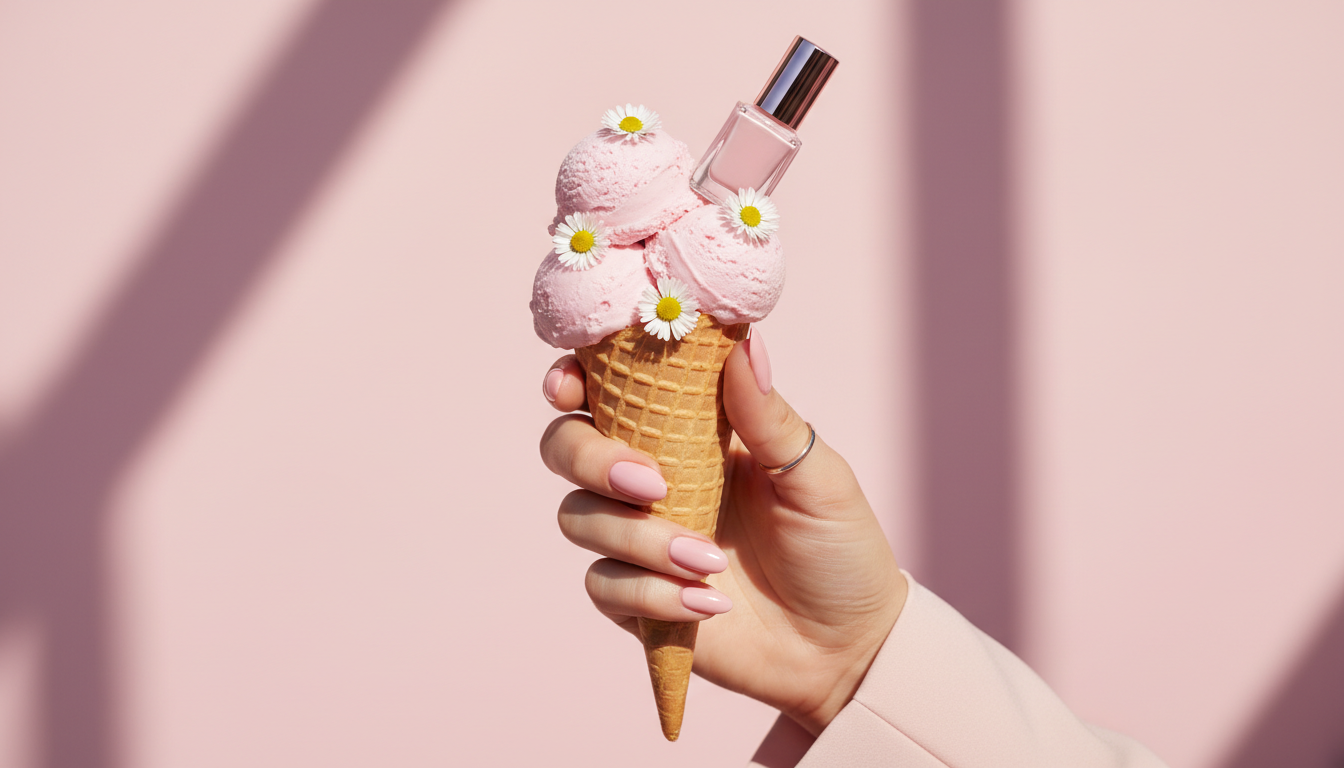 Промпт для фото в стиле 💅 Нежный маникюр с мороженым и ромашками в пастельных тонах