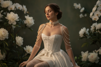 Промпт для фото в стиле 🌸 Грёзы в белом корсете среди пионов
