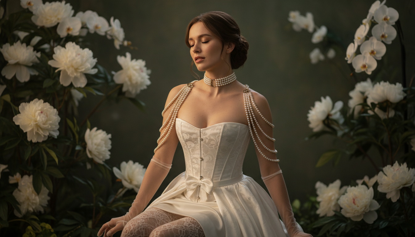 Промпт для фото в стиле 🌸 Грёзы в белом корсете среди пионов