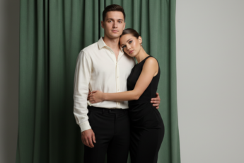 Промпт для фото в стиле 📸 Элегантная пара в черно-белой гамме: студийный портрет