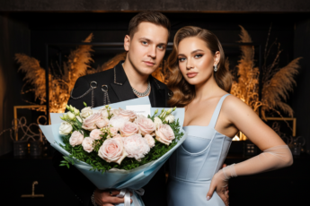 Промпт для фото в стиле 💫 Элегантная пара на светском рауте: магия вечернего момента