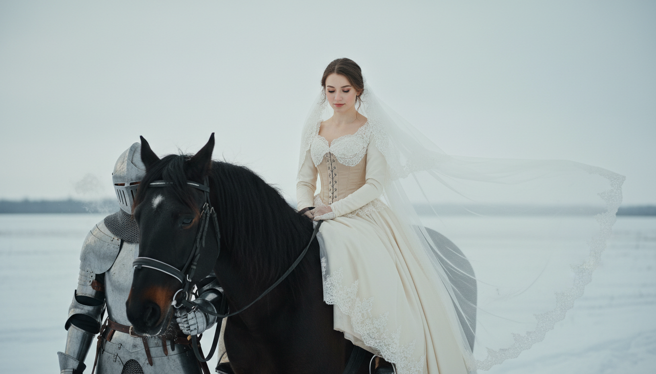 Промпт для фото в стиле ❄️ Сказочная свадьба: рыцарь, невеста и чёрный конь