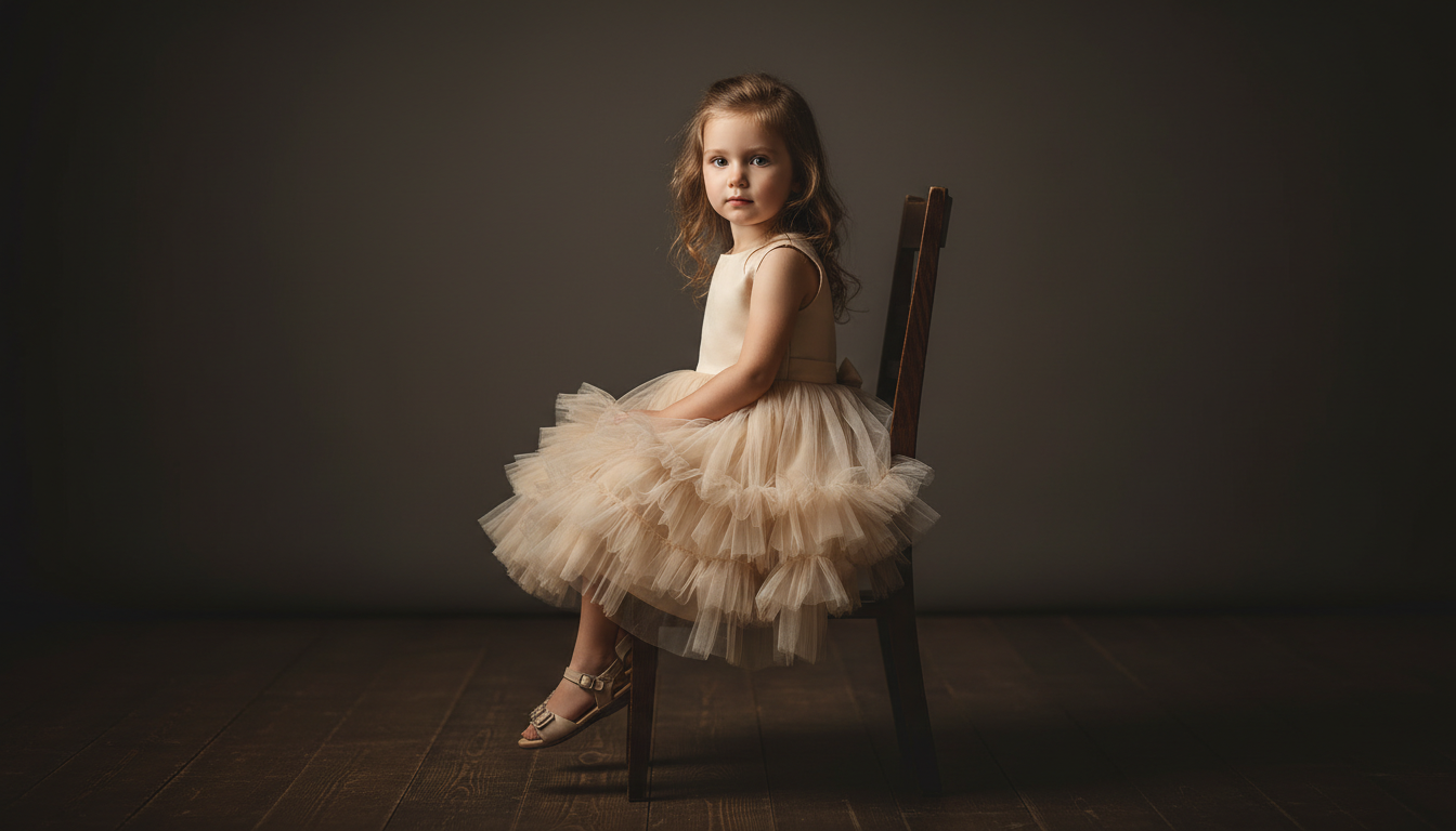 Промпт для фото в стиле 👗 Нежный портрет девочки в кремовом платье