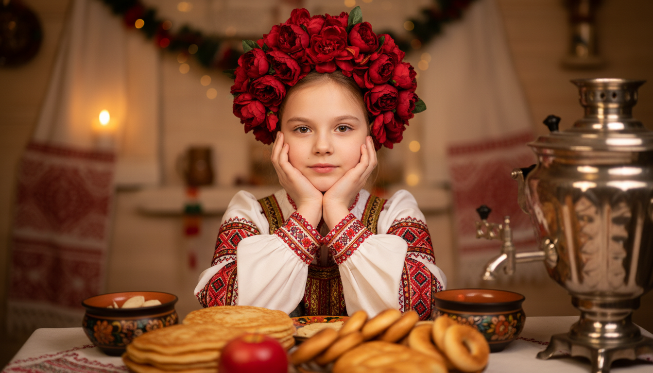 Промпт для фото в стиле 🌺 Маленькая хозяйка русского застолья