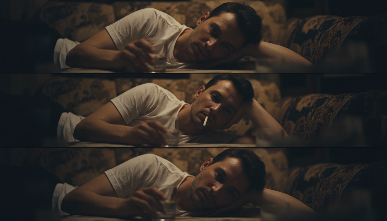 Промпт для фото в стиле 🎬 Одинокий вечер: кадры в полумраке