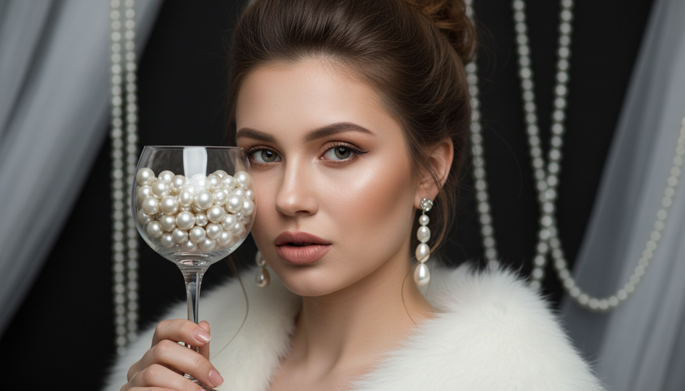 Промпт для фото в стиле 💎 Загадка в жемчужном бокале: роскошный портрет