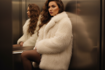 Промпт для фото в стиле 🎭 Роскошная незнакомка в лифте небоскреба