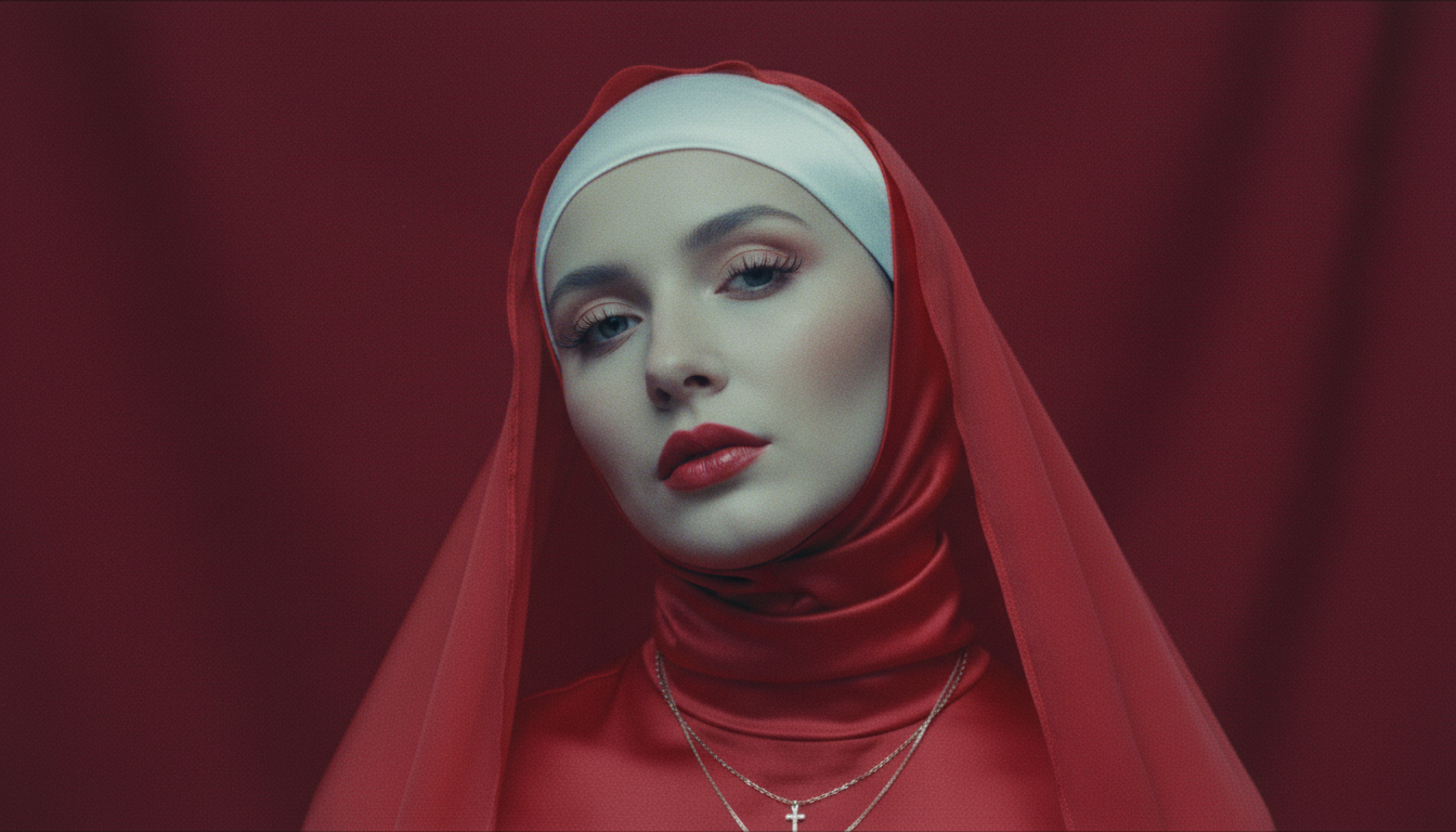 Промпт для фото в стиле 👗 Загадочная леди в алом шёлке