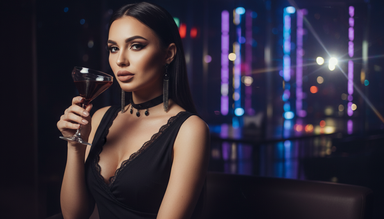 Промпт для фото в стиле 🌃 Загадочная незнакомка в огнях ночного клуба
