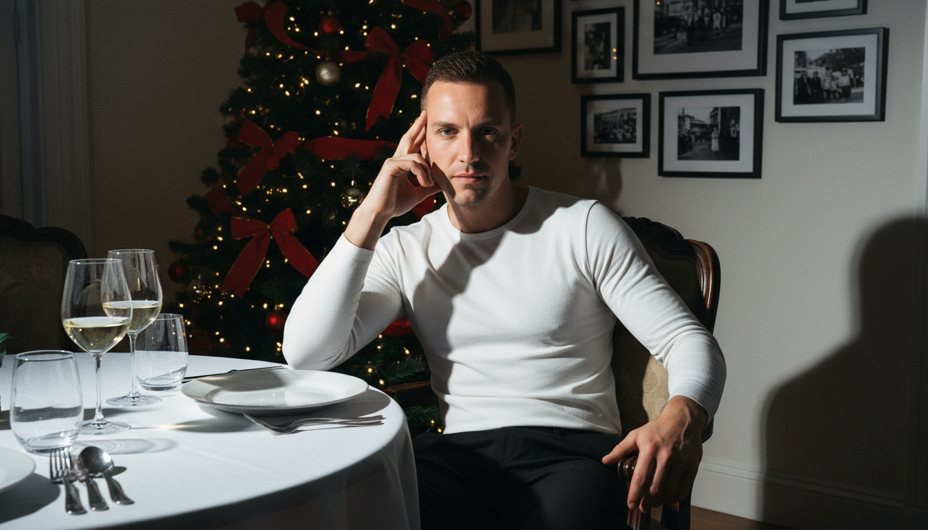 Промпт для фото в стиле 🎄 Новогодняя меланхолия за праздничным столом