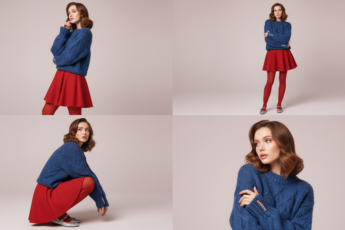 Промпт для фото в стиле 📸 Игривая фотосессия в голубом свитере и красной юбке