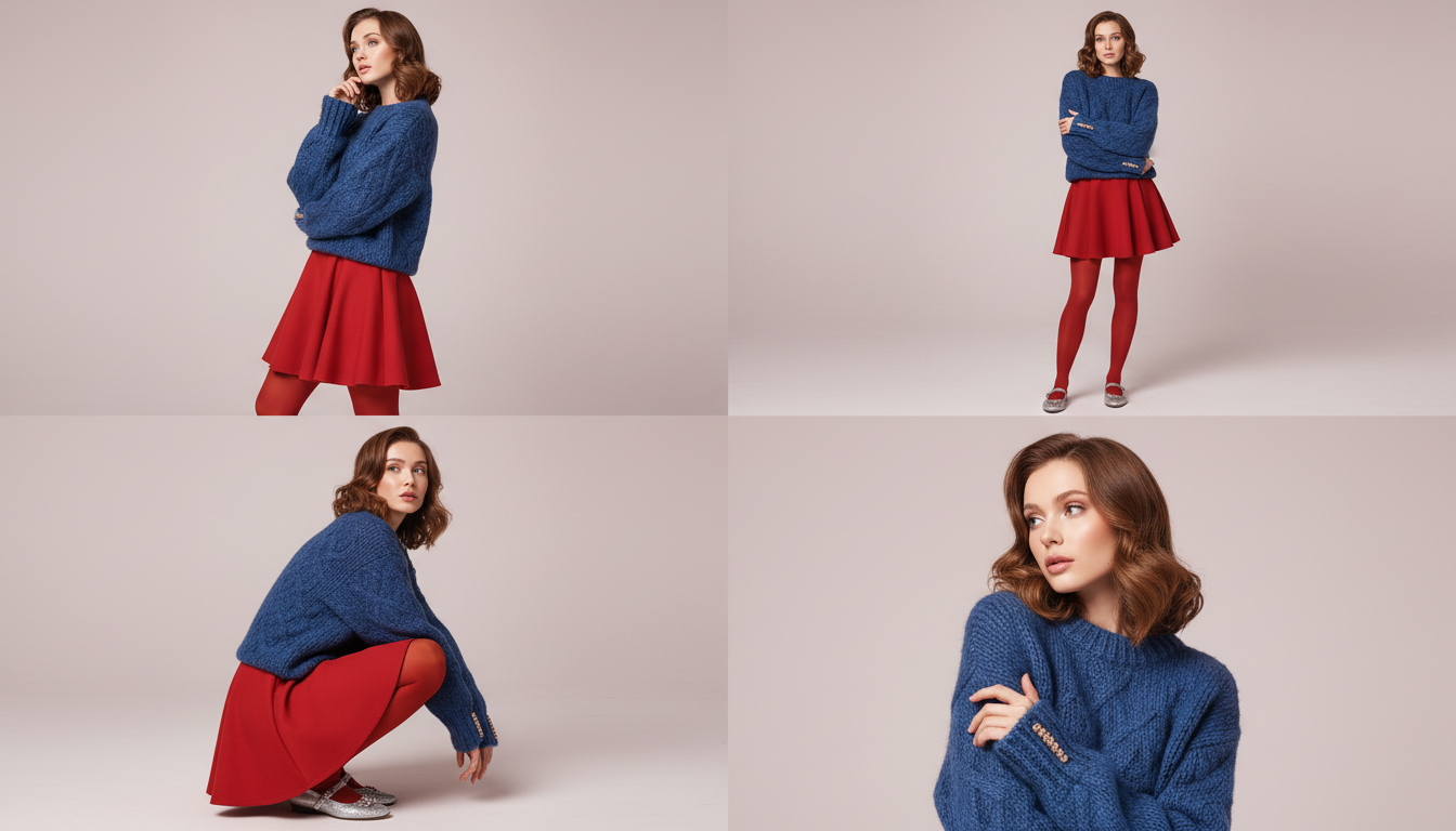 Промпт для фото в стиле 📸 Игривая фотосессия в голубом свитере и красной юбке