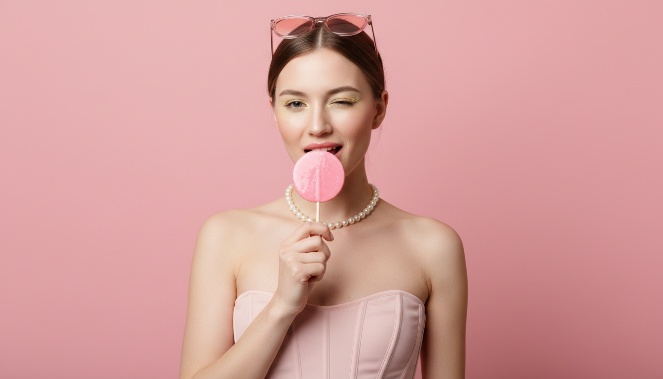Промпт для фото в стиле 🍭 Розовые грёзы: игривый портрет с леденцом