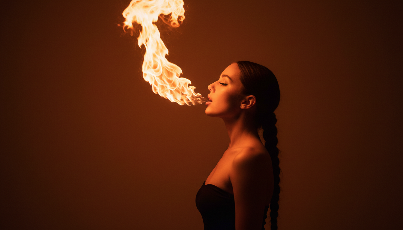 Промпт для фото в стиле 🔥 Огненное дыхание: портрет в темноте