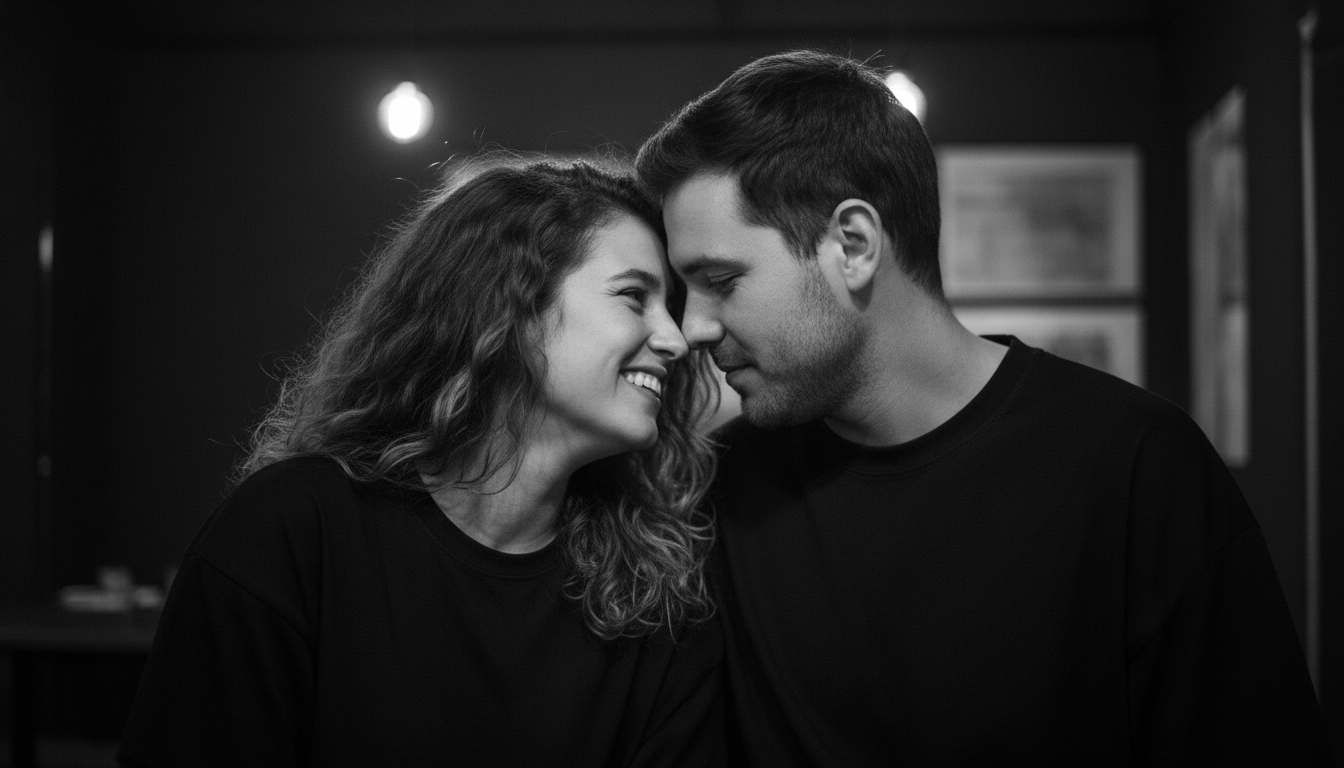 Промпт для фото в стиле 📸 Любовь крупным планом: черно-белая история двоих