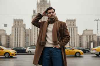 Промпт для фото в стиле 🌧 Московский денди под дождём у сталинской высотки