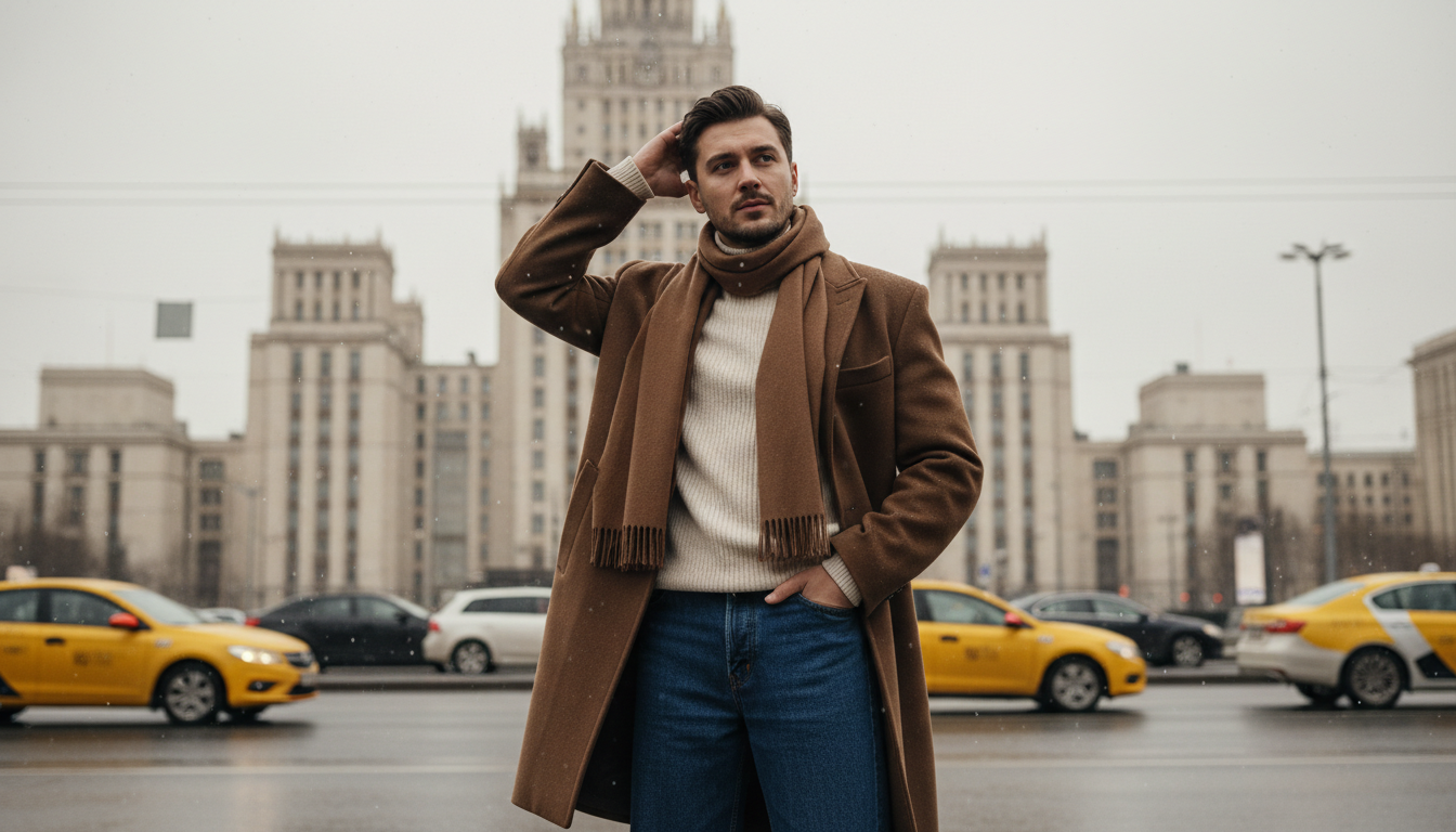 Промпт для фото в стиле 🌧 Московский денди под дождём у сталинской высотки