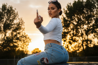 Промпт для фото в стиле 🌆 Бунтарка на закате: Y2K-эстетика в городском стиле