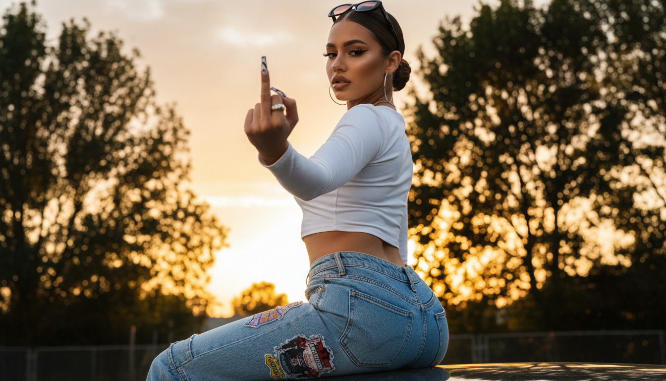 Промпт для фото в стиле 🌆 Бунтарка на закате: Y2K-эстетика в городском стиле