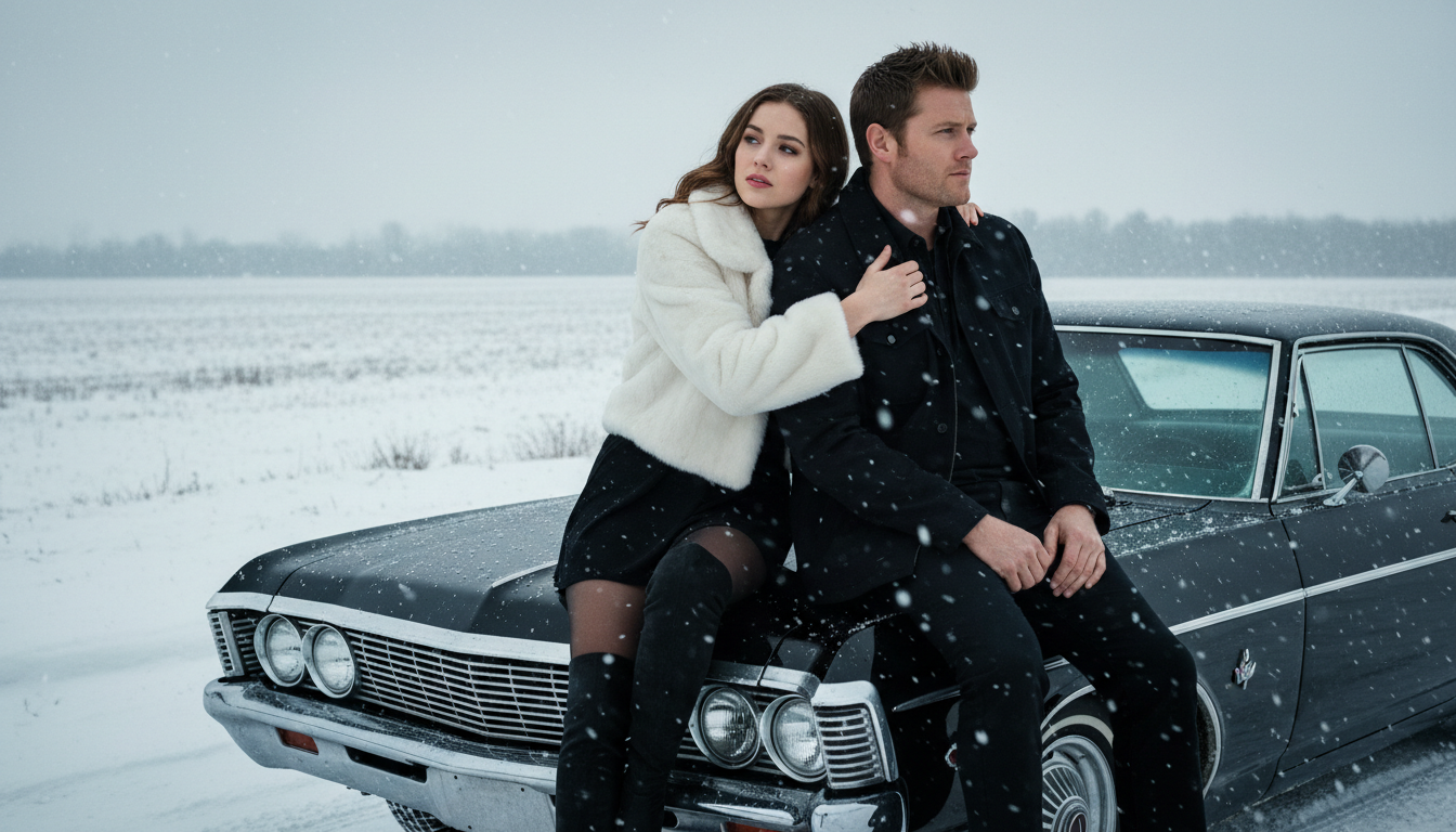 Промпт для фото в стиле 🌨️ Романтическая встреча с охотником на сверхъестественное