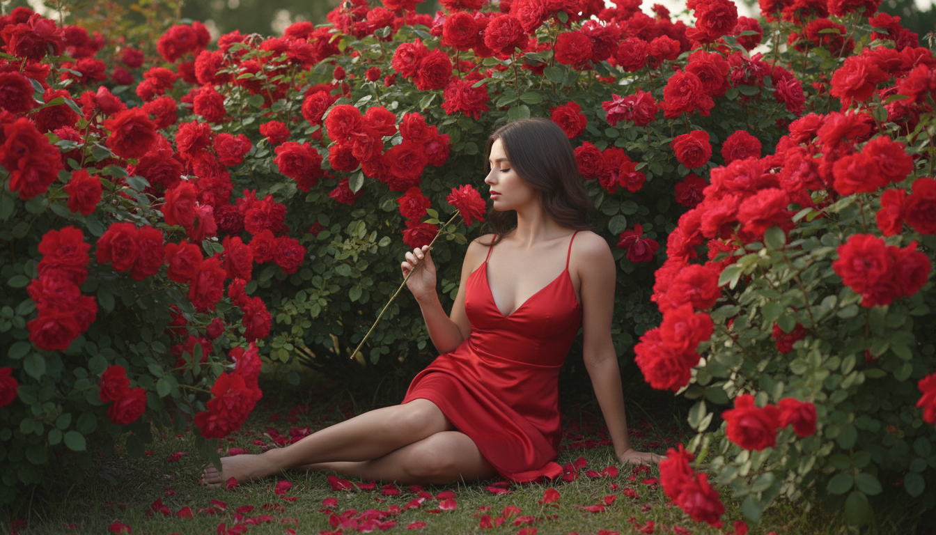 Промпт для фото в стиле 🌹 В объятиях алых роз: романтичная фотосессия