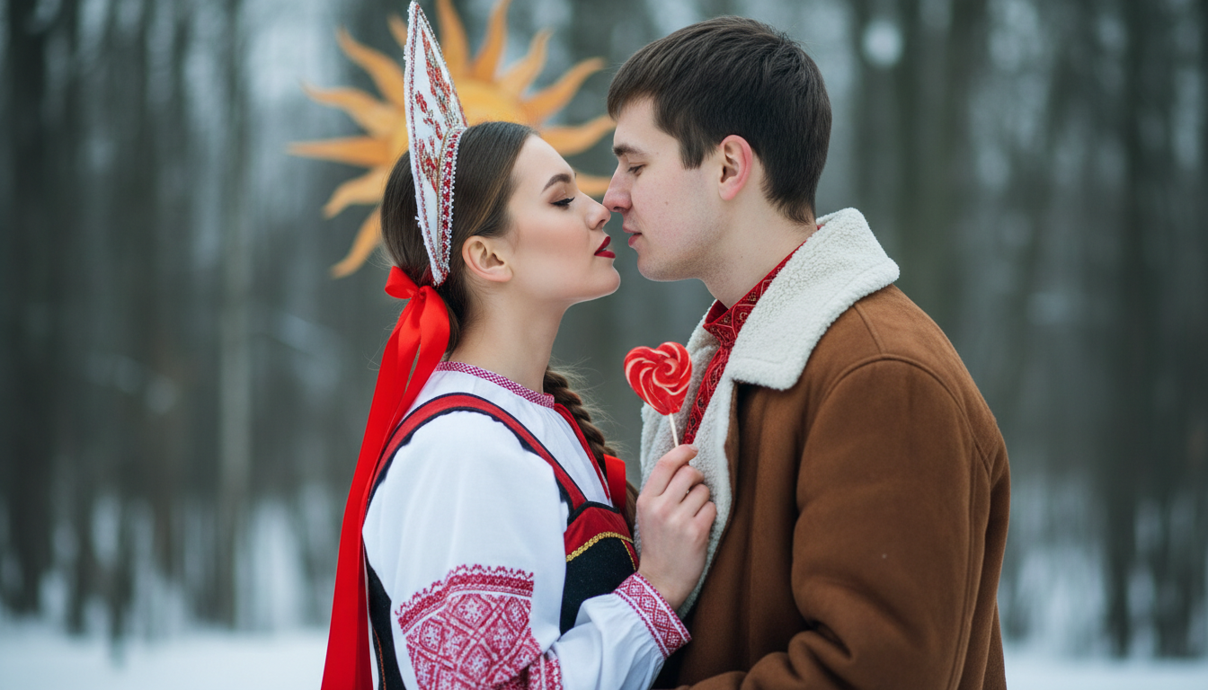 Промпт для фото в стиле 🌨️ Русская сказка: почти поцелуй на морозе