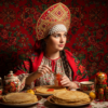 Промпт для фото в стиле 🪆 Русская душа: блины, икра и кокошник