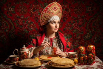 Промпт для фото в стиле 🪆 Русская душа: блины, икра и кокошник