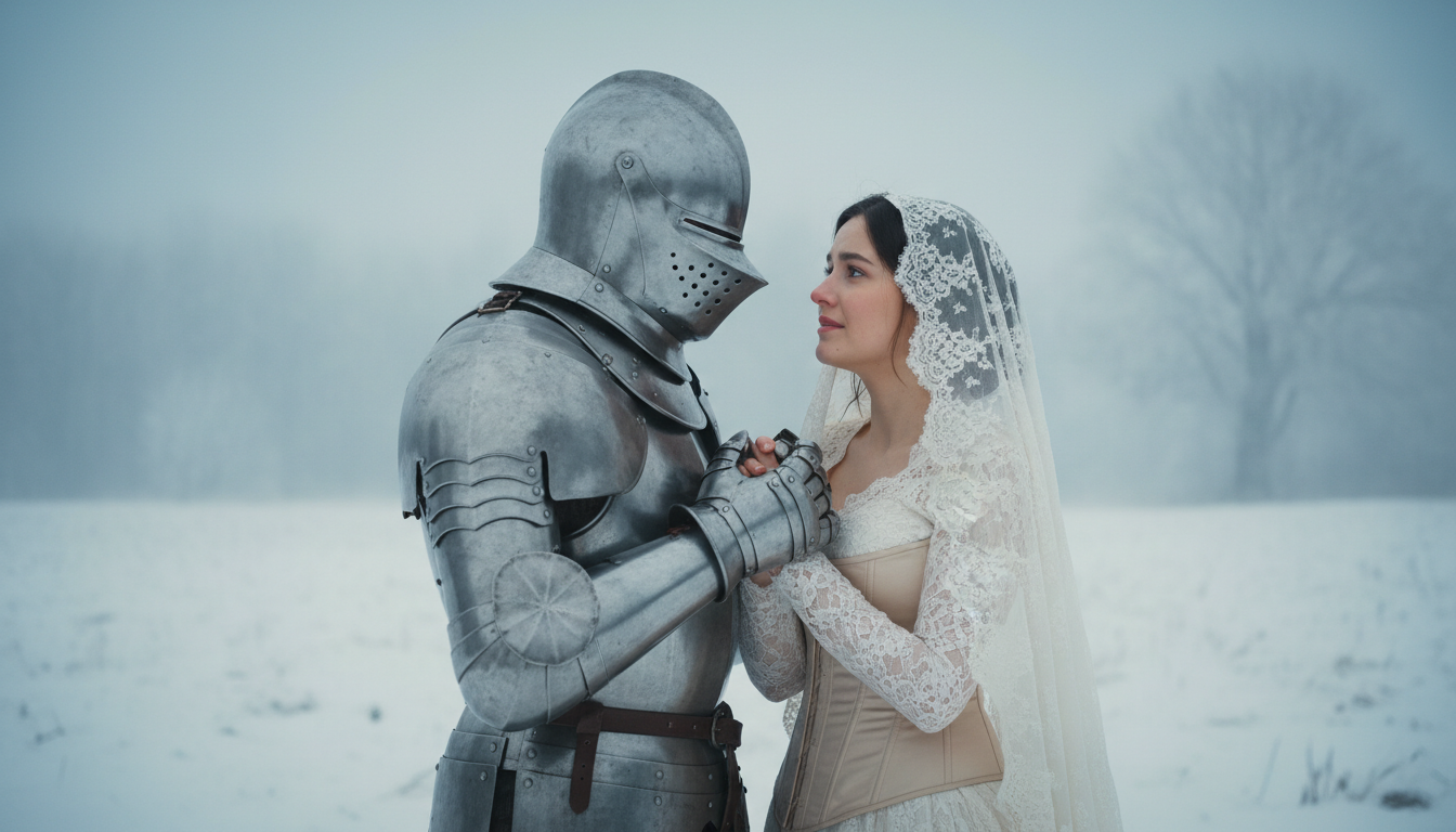 Промпт для фото в стиле 🗡️ Стальное сердце: любовь под доспехами