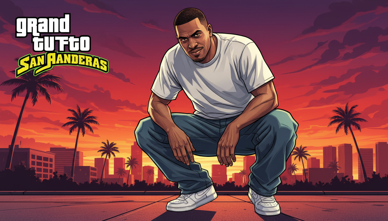 Промпт для фото в стиле 🎮 Закат в Сан-Андреас: когда реальность встречает игру