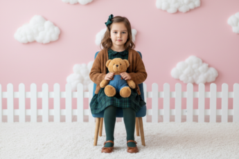 Промпт для фото в стиле 📸 Нежная детская фотосессия с мишкой и облаками