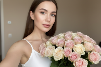 Промпт для фото в стиле 📸 Нежное селфи с букетом роз в пастельных тонах