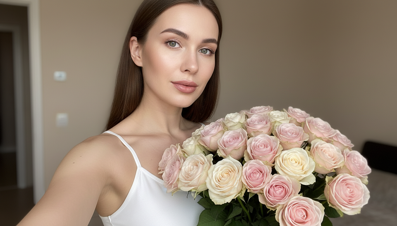 Промпт для фото в стиле 📸 Нежное селфи с букетом роз в пастельных тонах