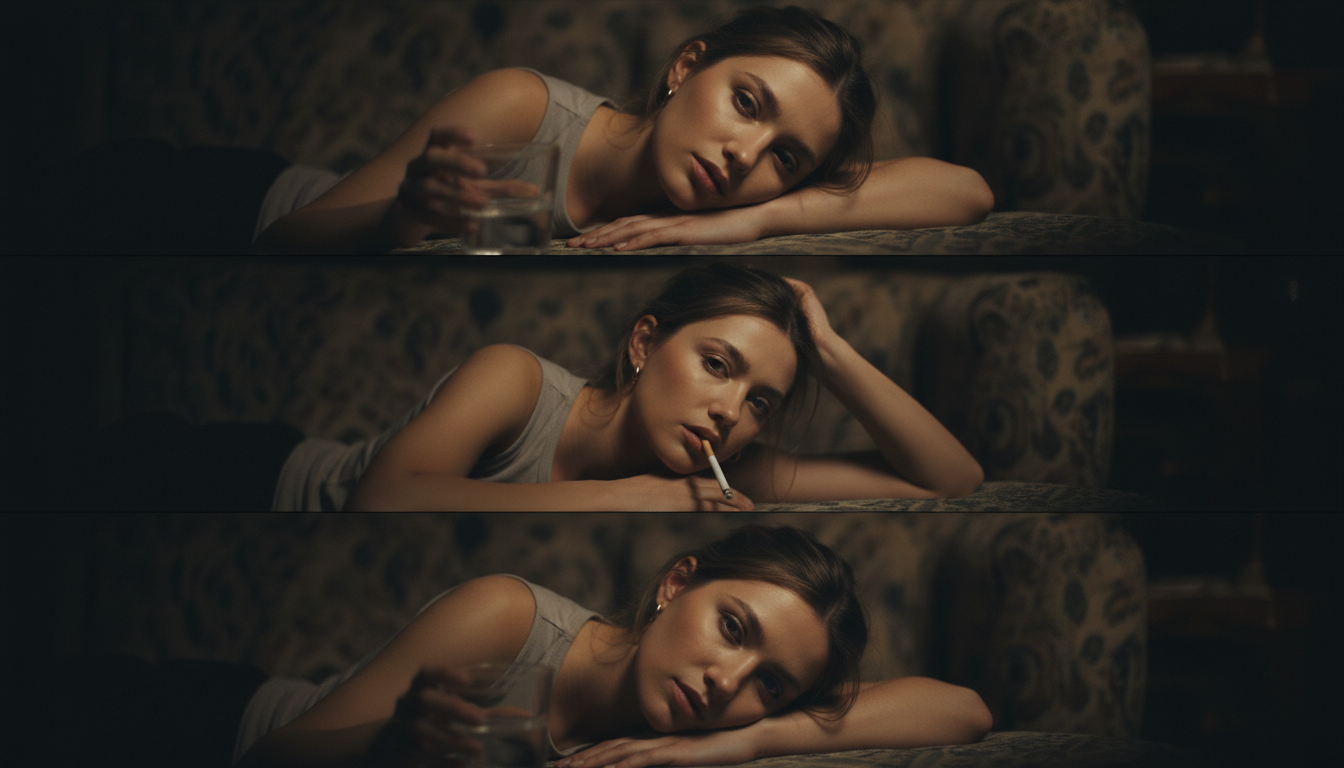 Промпт для фото в стиле 🎬 Триптих: меланхолия в полутьме