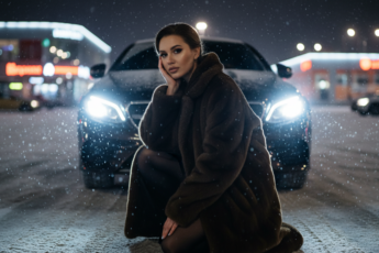 Промпт для фото в стиле 🌃 Зимняя городская магия: девушка, Mercedes и снегопад