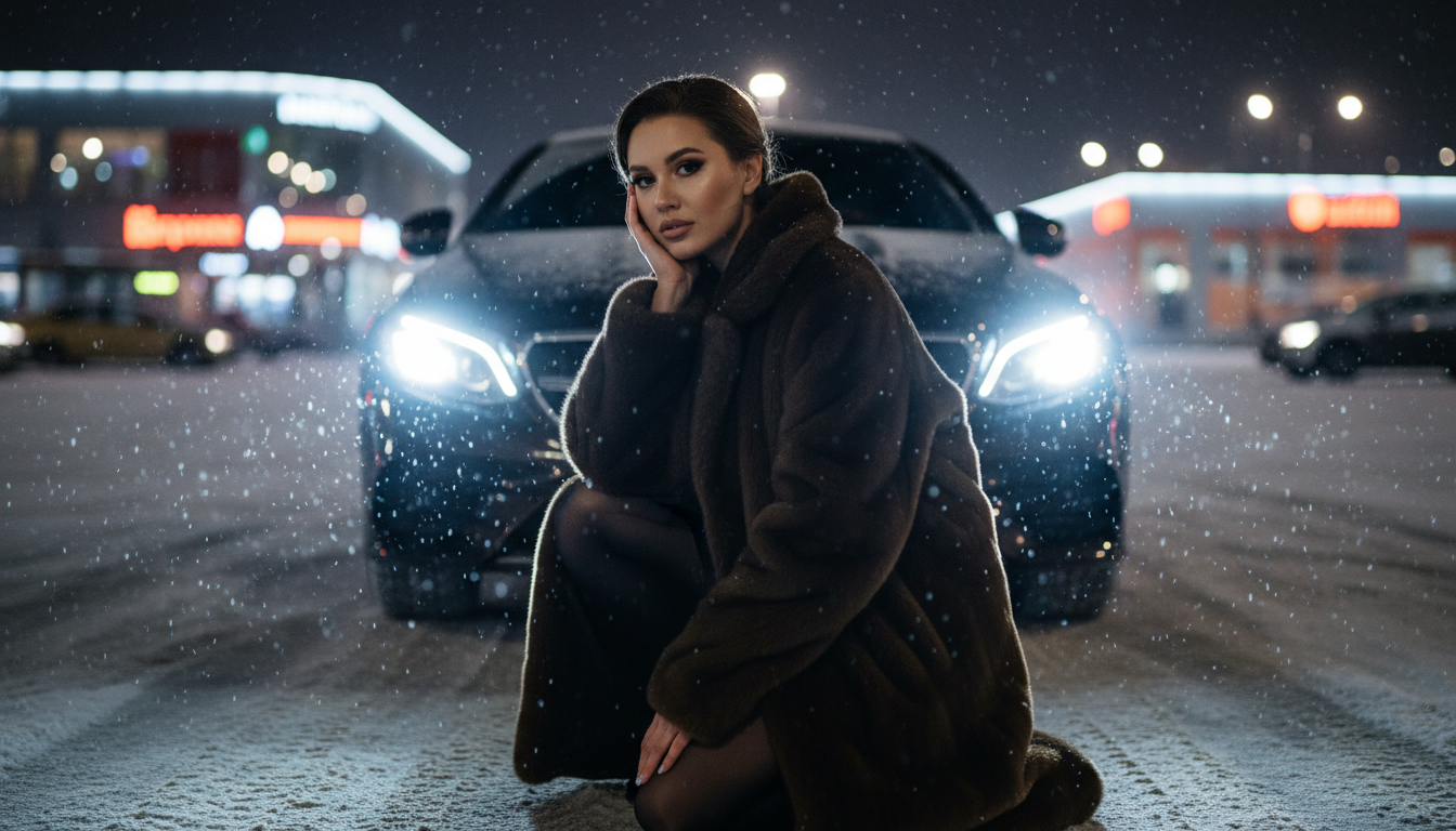 Промпт для фото в стиле 🌃 Зимняя городская магия: девушка, Mercedes и снегопад