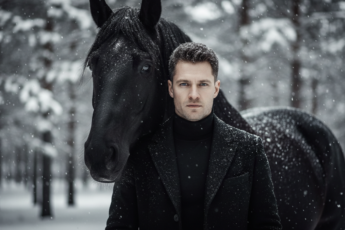 Промпт для фото в стиле 🌨️ Зимняя элегия: мужчина и его верный конь