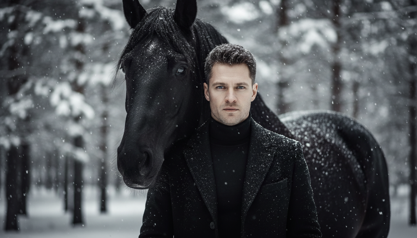 Промпт для фото в стиле 🌨️ Зимняя элегия: мужчина и его верный конь