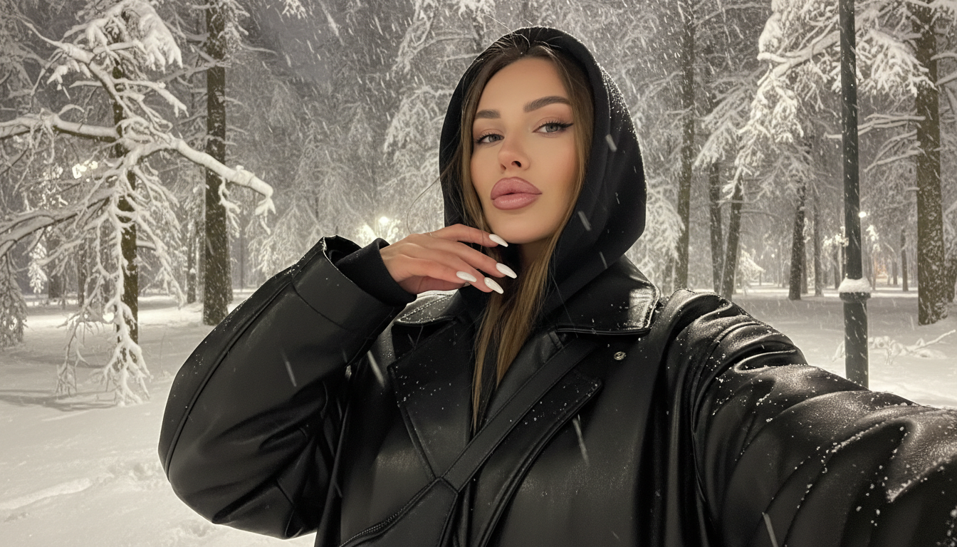 Промпт для фото в стиле ❄️ Зимнее селфи в заснеженном лесу: магия ночного кадра