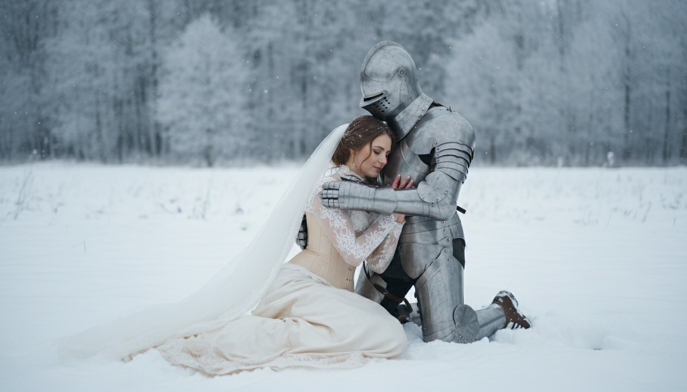 Промпт для фото в стиле 🖤 Зимняя любовь рыцаря и невесты