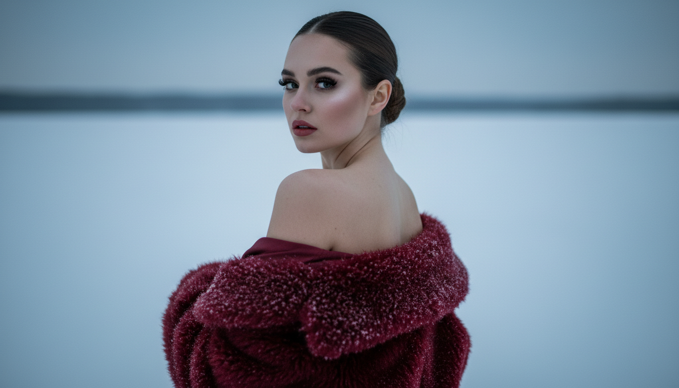Промпт для фото в стиле ❄️ Зимняя ночь, красная шуба и чарующий взгляд через плечо