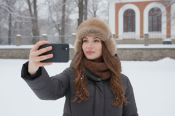 Промпт для фото в стиле 📸 Зимнее селфи в заснеженном парке