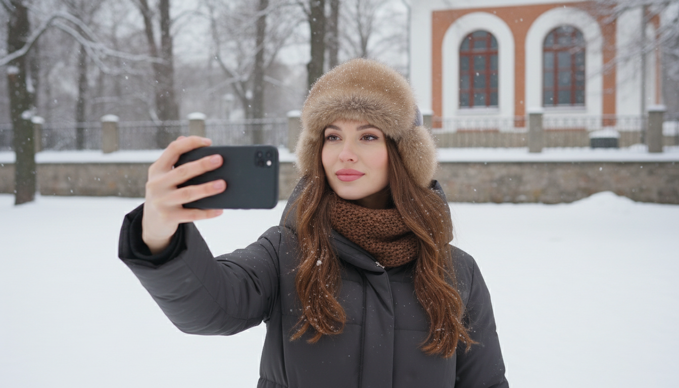 Промпт для фото в стиле 📸 Зимнее селфи в заснеженном парке