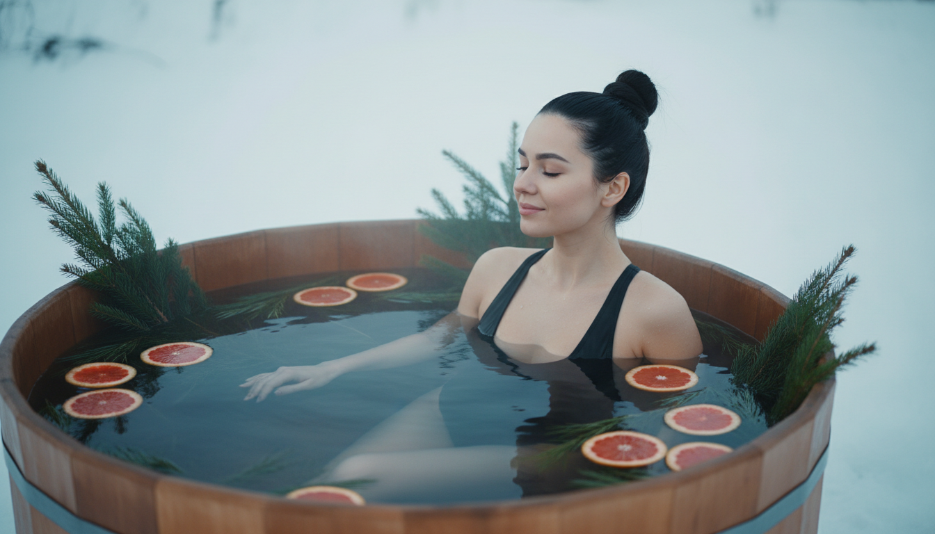 Промпт для фото в стиле 🌲 Зимняя нега в горячем чане среди снегов