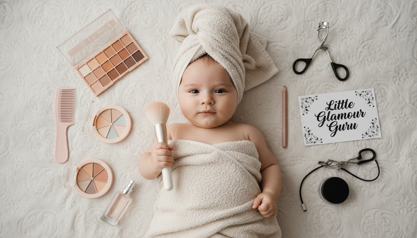 Промпт для фото в стиле 👶 Маленький бьюти-блогер: малыш примеряет роль визажиста
