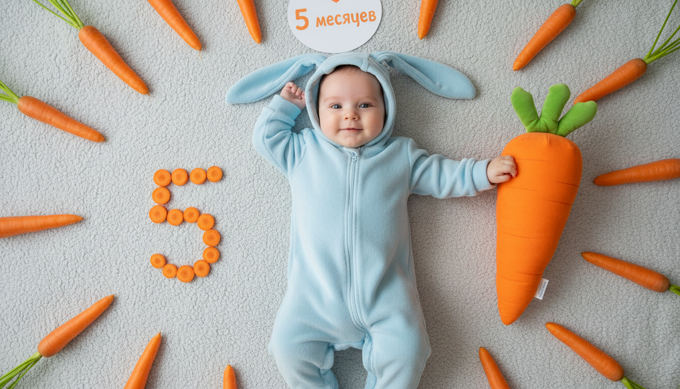 Промпт для фото в стиле 🥕 Малыш в заячьем костюме отмечает 5 месяцев